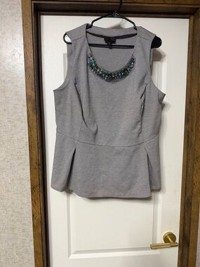 Worthington Gray Sleeveless Peplum Top with Teal Jewel Accent